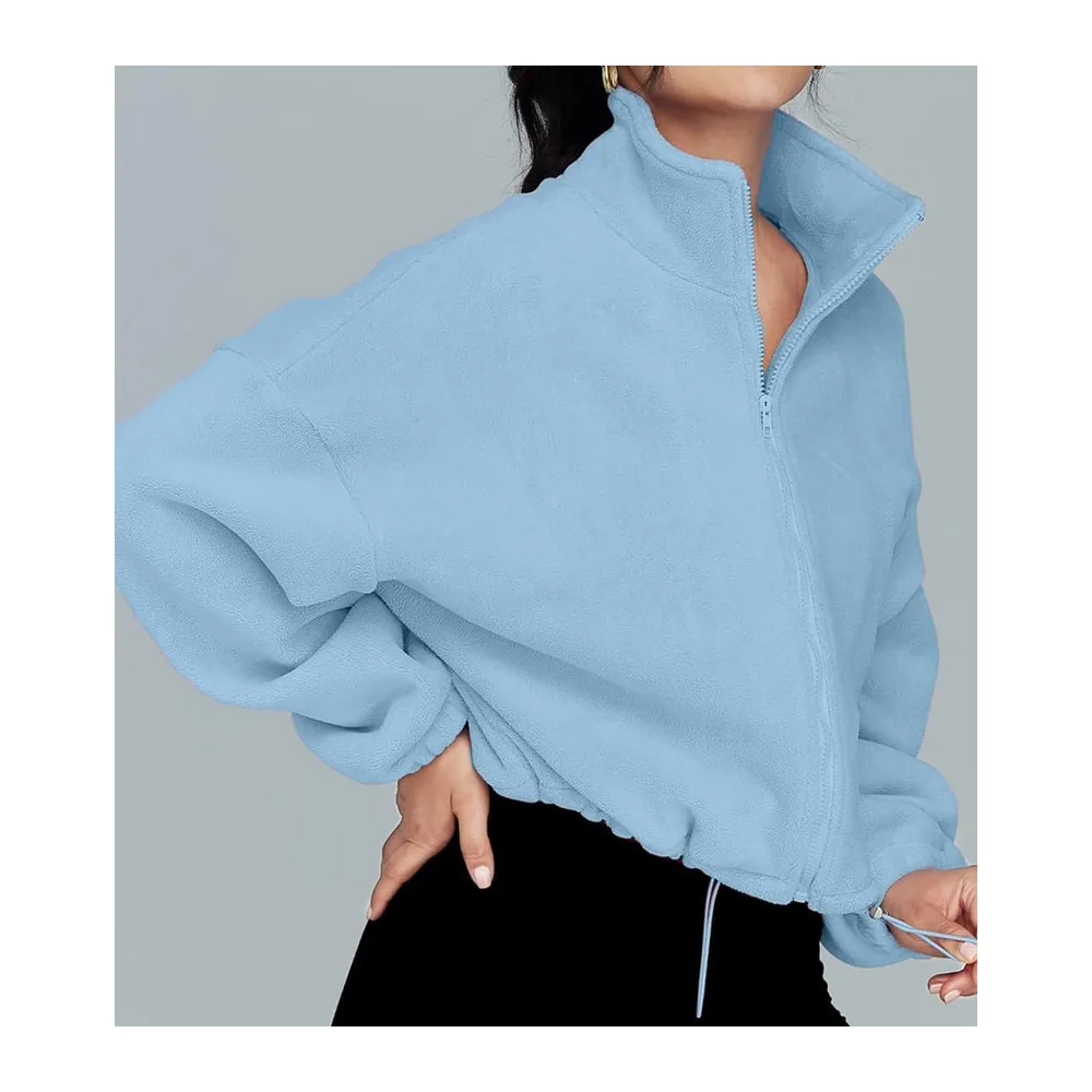 Fleece Sweatshirt with Long Sleeves Stand Collar Zip Turtleneck Autumn-Winter — Bleu