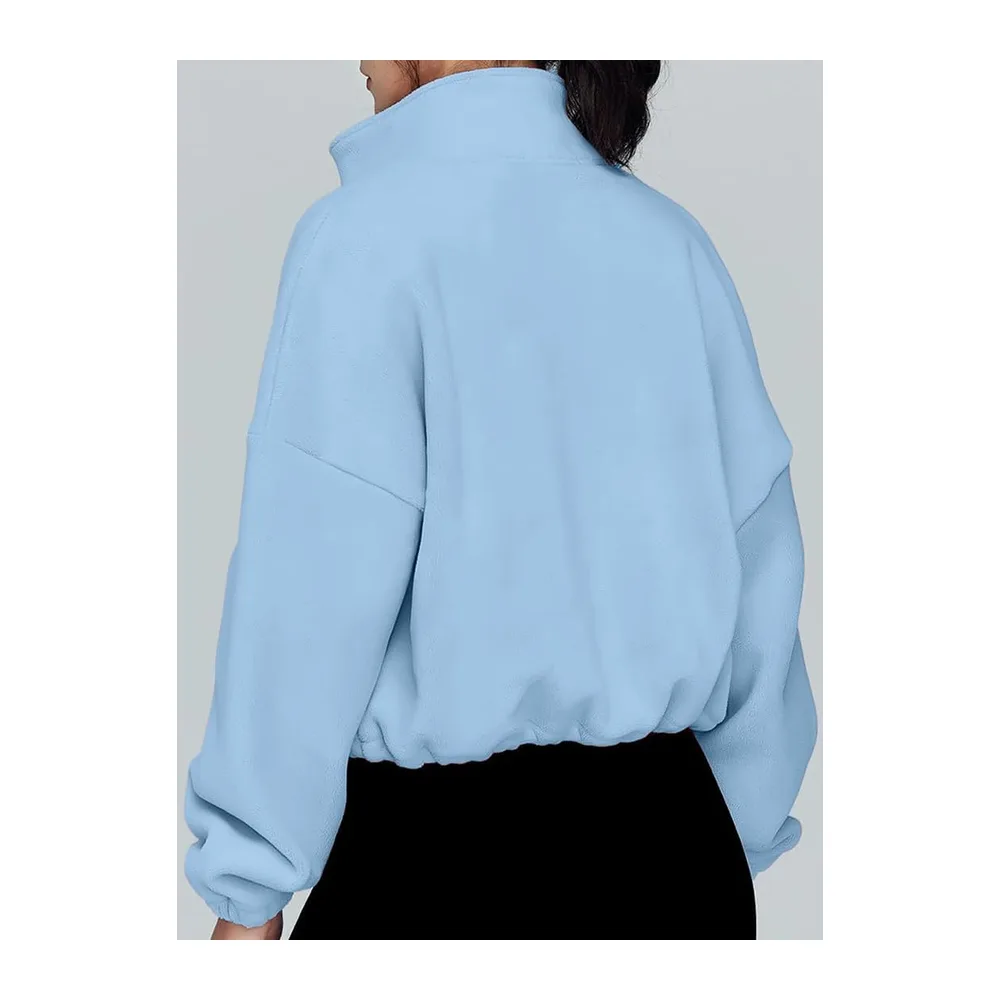 Fleece Sweatshirt with Long Sleeves Stand Collar Zip Turtleneck Autumn-Winter — Bleu