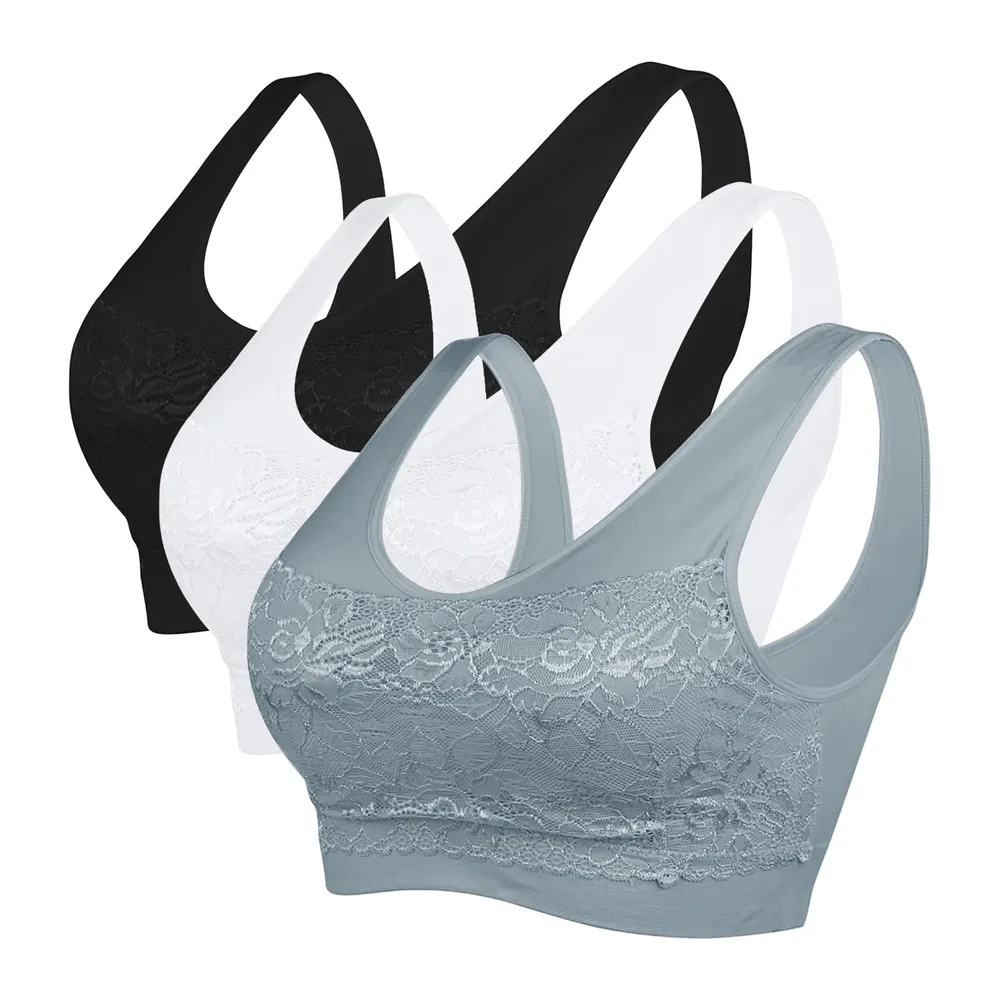 Brassière Soutien Gorge Dentelle sans Armature pour Sport — Noir+blanc+gris