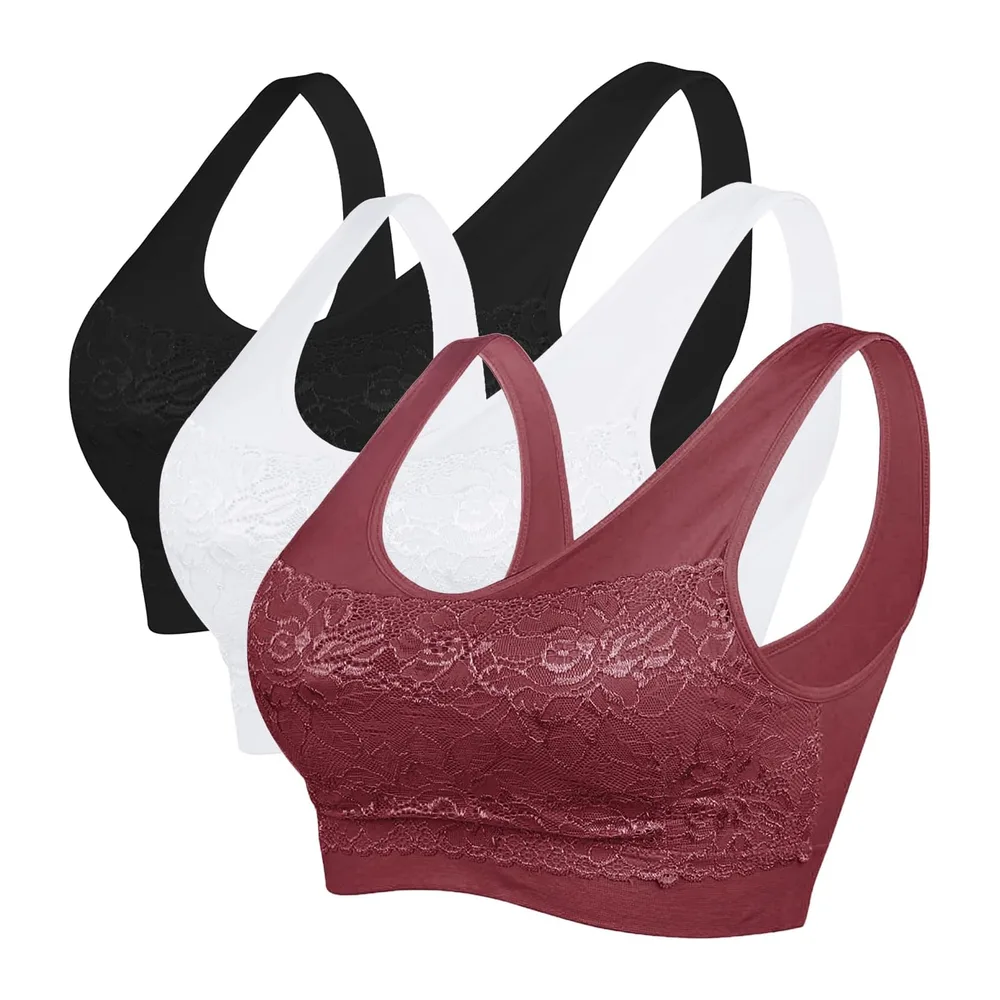 Brassière Soutien Gorge Dentelle sans Armature pour Sport — Noir+blanc+vin Rouge