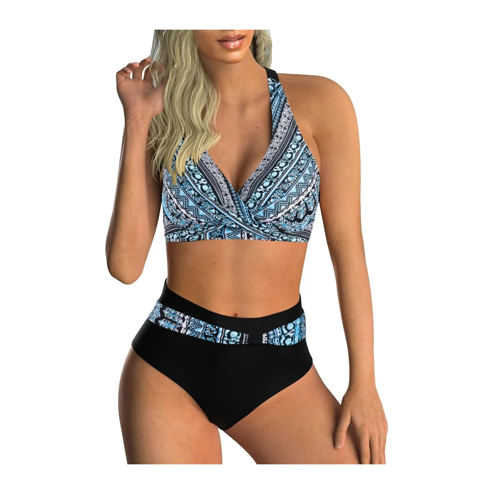 Maillot de Bain Deux Pièces Taille Haute Imprimé Bikini — Imprimé Bleu et Noir