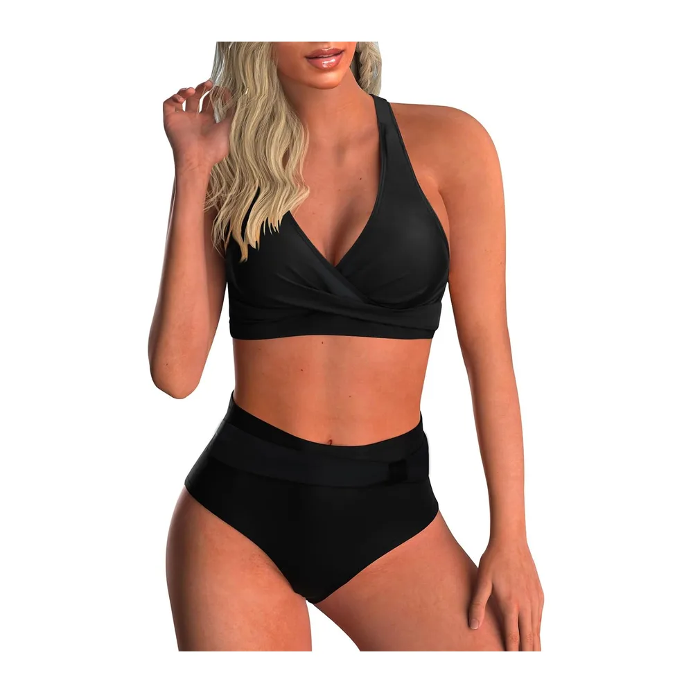 Maillot de Bain Deux Pièces Taille Haute Imprimé Bikini — Noir