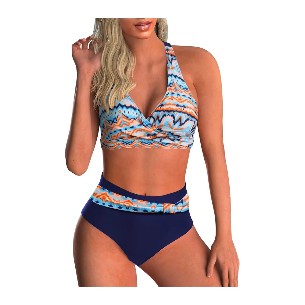 Maillot de Bain Deux Pièces Taille Haute Imprimé Bikini — Multicolore