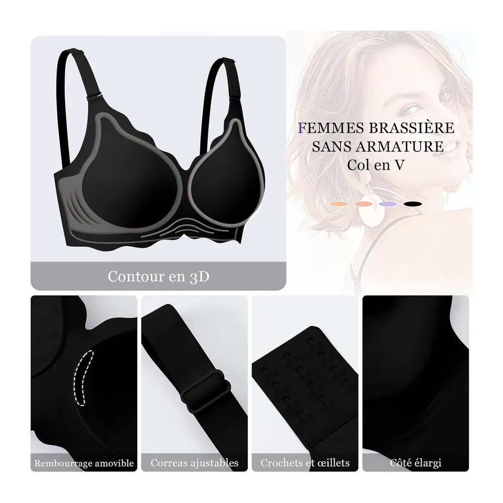 Soutien-Gorge sans Armature Sexy Col en V Brassiere avec Coussinets Bralette sans — Noir
