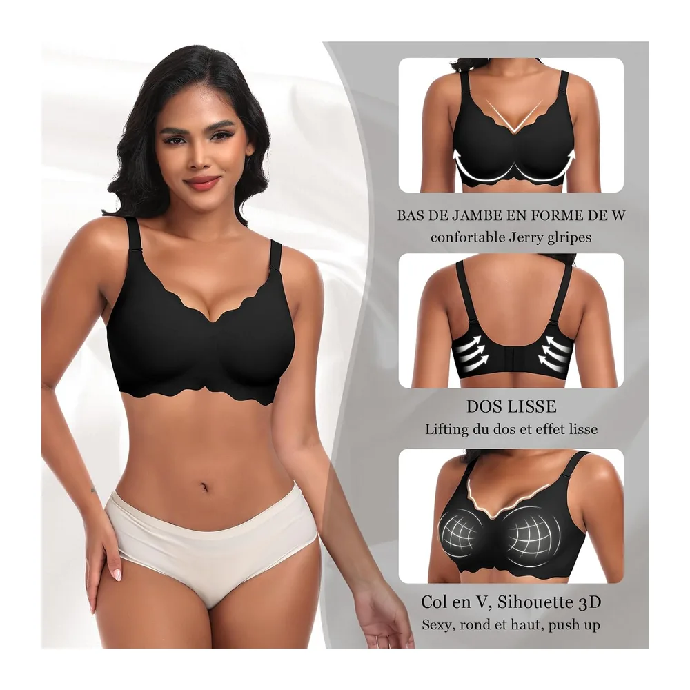 Soutien-Gorge sans Armature Sexy Col en V Brassiere avec Coussinets Bralette sans — Noir