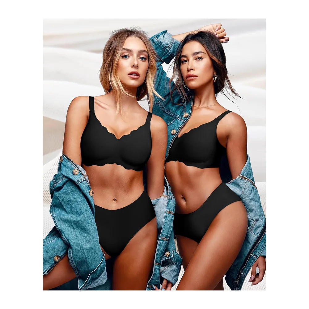 Soutien-Gorge sans Armature Sexy Col en V Brassiere avec Coussinets Bralette sans — Noir