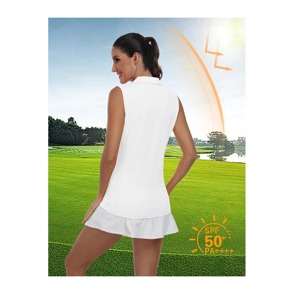 Golf Polo Shirt Sleeveless Tennis Sport T-Shirt with Button — Blanc-zip