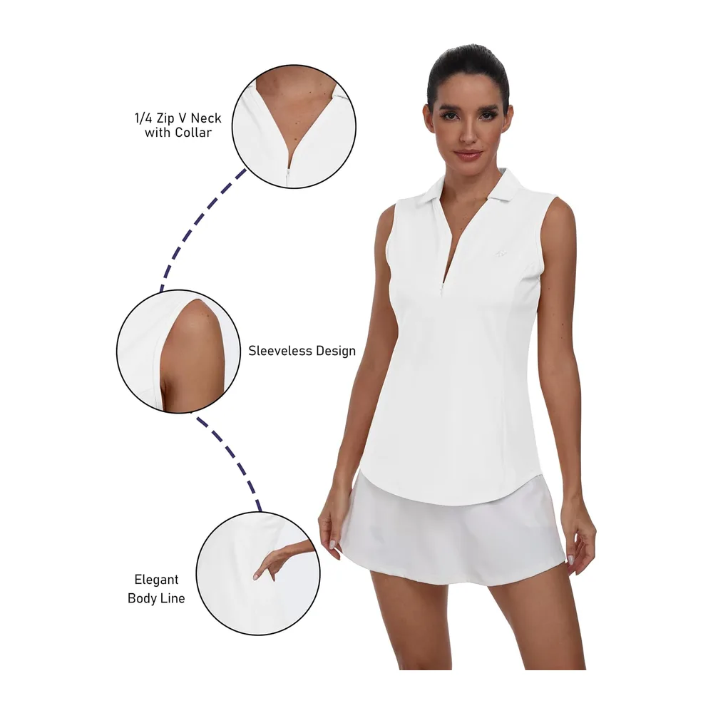 Golf Polo Shirt Sleeveless Tennis Sport T-Shirt with Button — Blanc-zip