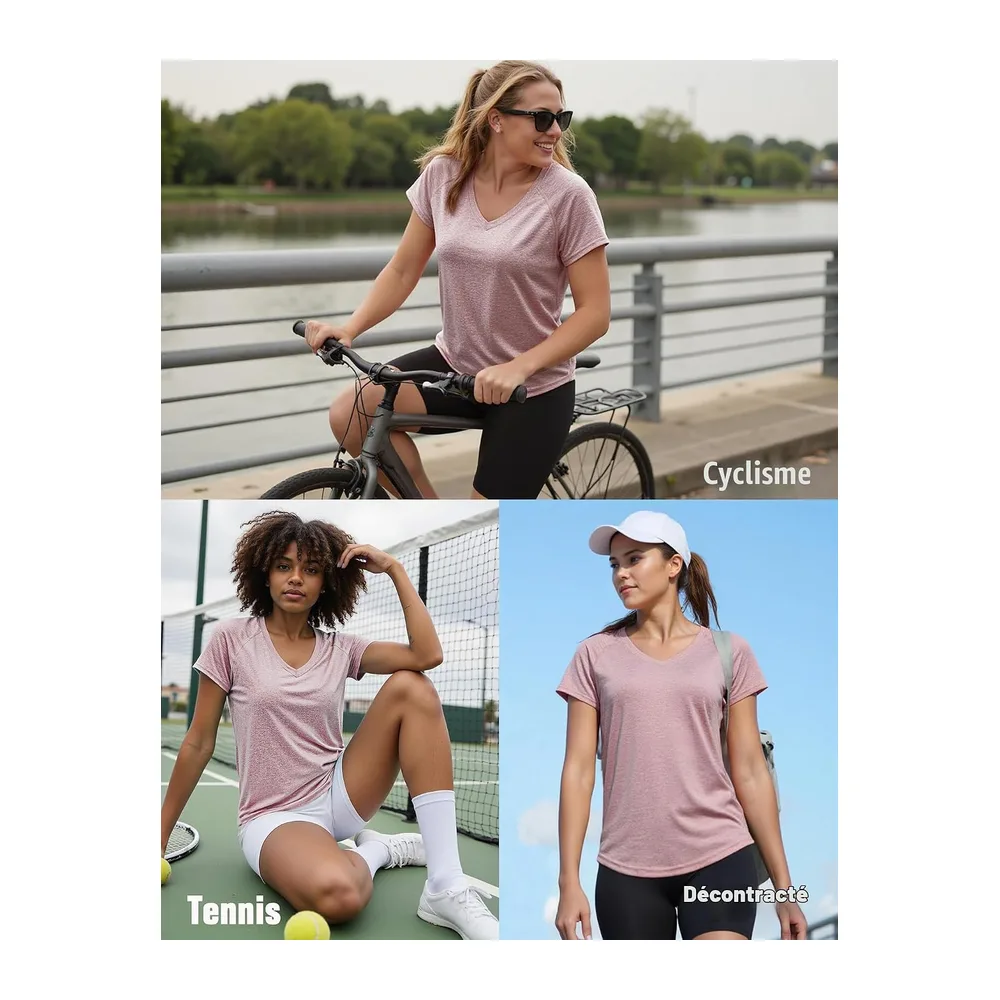 Tee Shirt Sport Col V Manches Courtes Séchage Rapide — Magenta