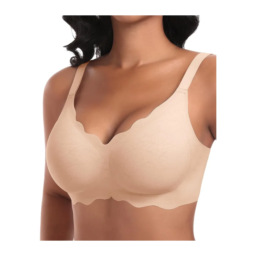 Soutien-Gorge sans Armature Sexy Col en V Brassiere avec Coussinets Bralette sans — Beige