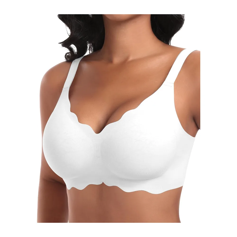 Soutien-Gorge sans Armature Sexy Col en V Brassiere avec Coussinets Bralette sans — Blanc