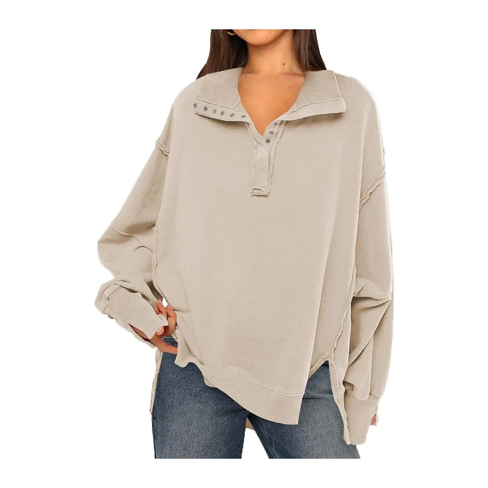 Sweatshirt Patchwork Large V-Neck with Buttons Vintage Pullover Large Size — Beige