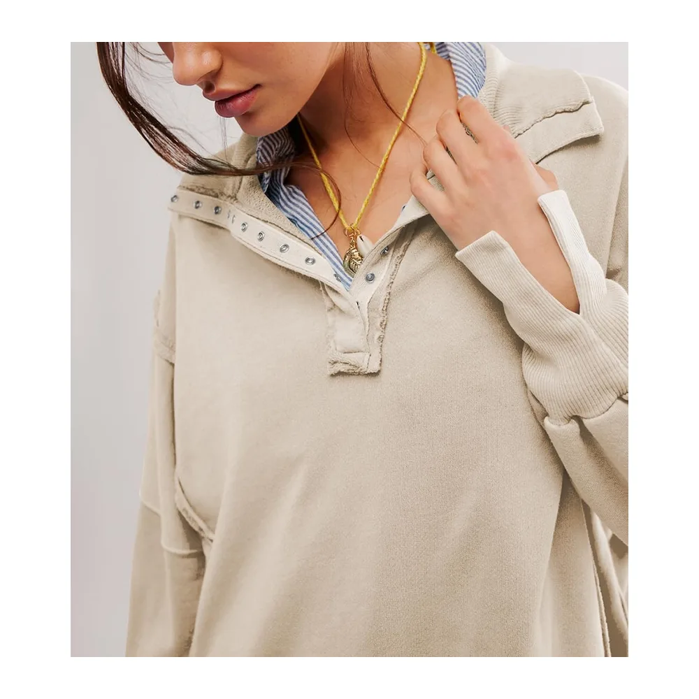 Sweatshirt Patchwork Large V-Neck with Buttons Vintage Pullover Large Size — Beige