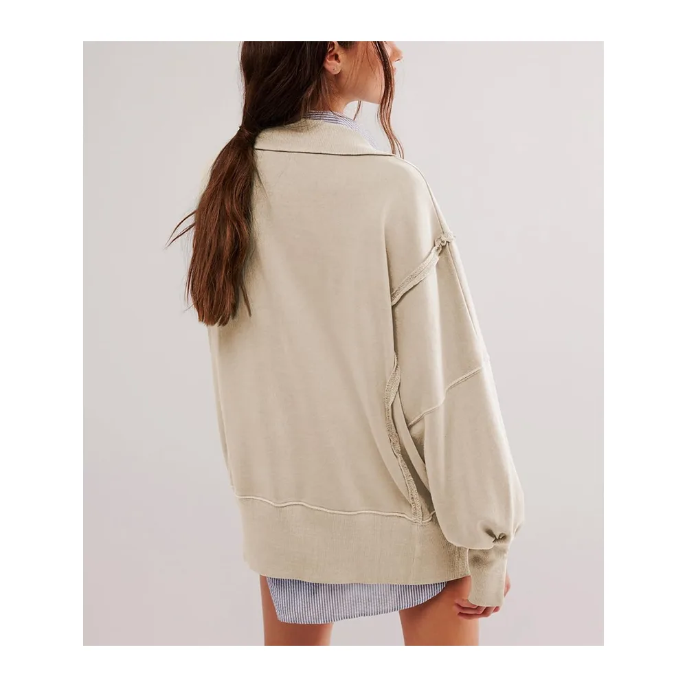 Sweatshirt Patchwork Large V-Neck with Buttons Vintage Pullover Large Size — Beige