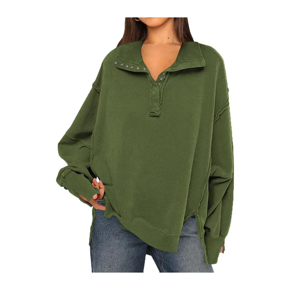 Sweatshirt Patchwork Large V-Neck with Buttons Vintage Pullover Large Size — Vert Armée