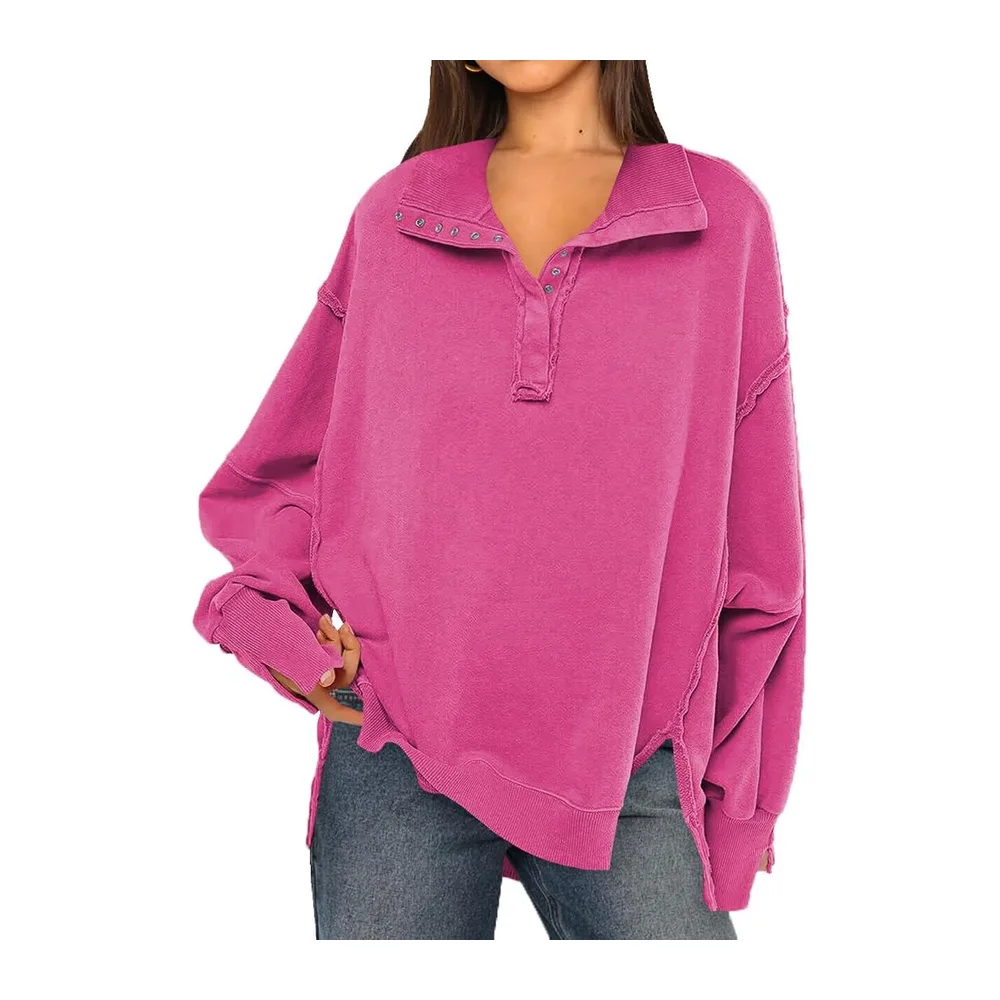 Sweatshirt Patchwork Large V-Neck with Buttons Vintage Pullover Large Size — Rose Foncé