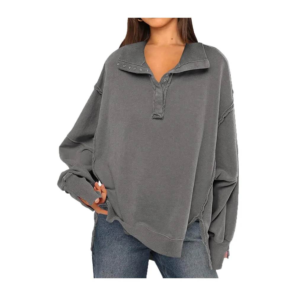 Sweatshirt Patchwork Large V-Neck with Buttons Vintage Pullover Large Size — Gris