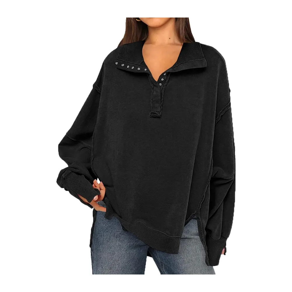 Sweatshirt Patchwork Large V-Neck with Buttons Vintage Pullover Large Size — A-noir