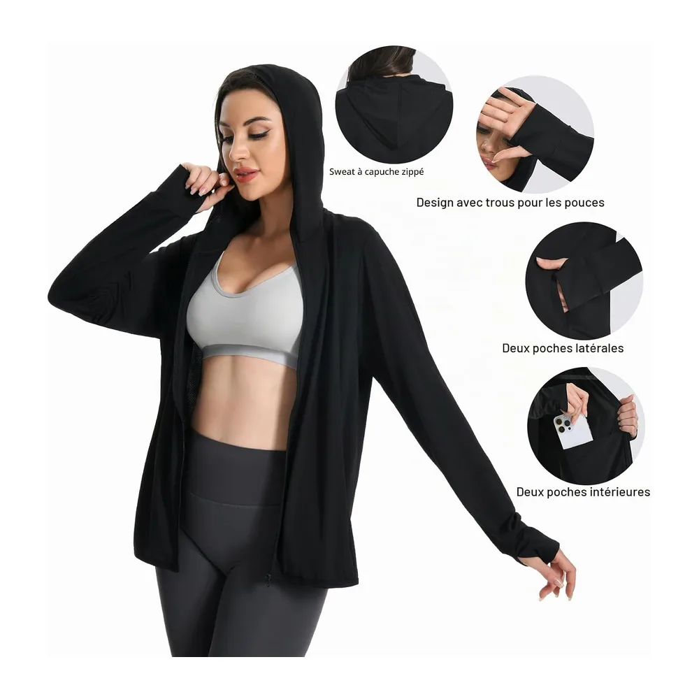 Veste Anti UV, Légère Sun Hoodie, Protection Solaire UPF50+ — Noir