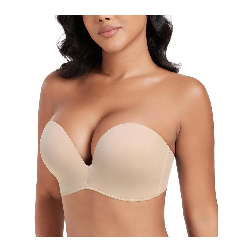 Soutien-Gorge sans Bretelles Push Up Dos Nu rembourré Deep V Convertible Grande — Beige