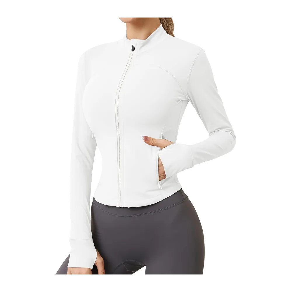 Sports top with zip, two side pockets, breathable, sports top, workout top, yoga — Blanc