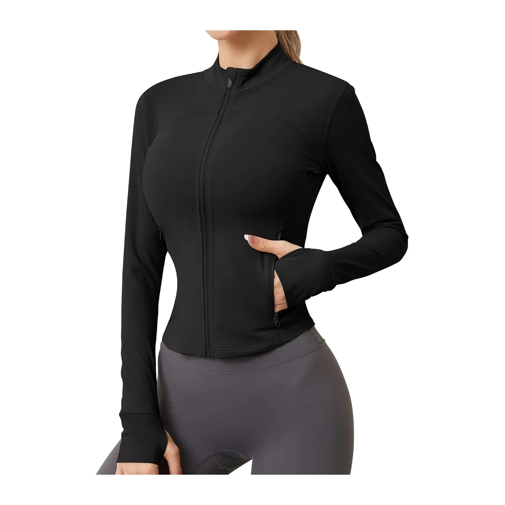 Sports top with zip, two side pockets, breathable, sports top, workout top, yoga — Noir