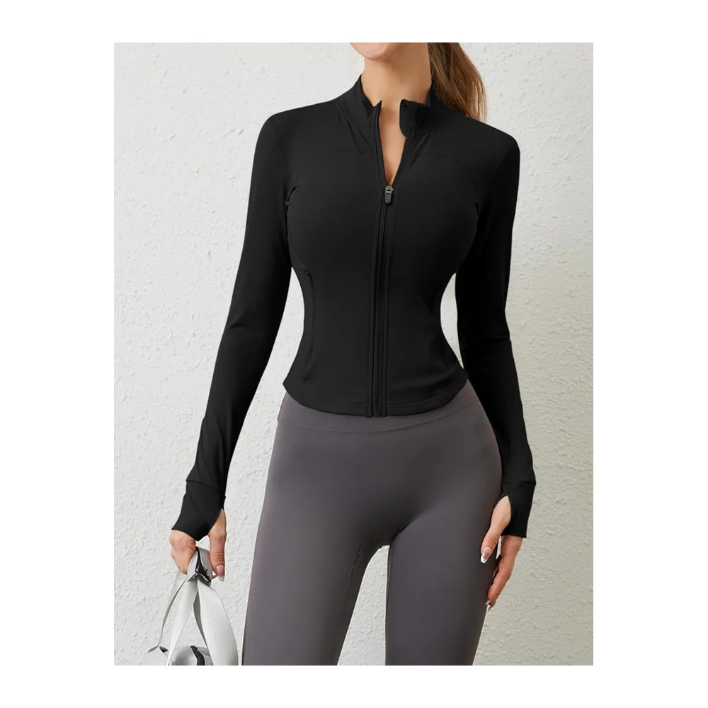 Sports top with zip, two side pockets, breathable, sports top, workout top, yoga — Noir