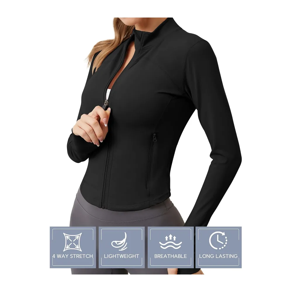 Sports top with zip, two side pockets, breathable, sports top, workout top, yoga — Noir
