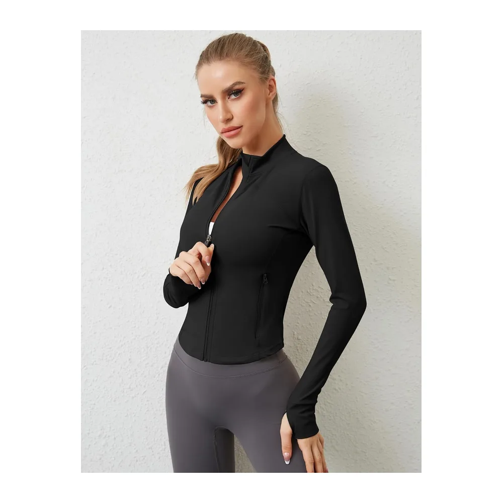 Sports top with zip, two side pockets, breathable, sports top, workout top, yoga — Noir