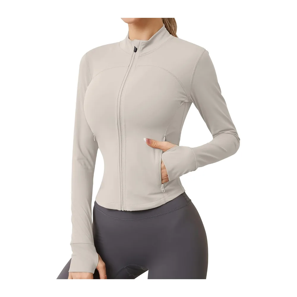 Sports top with zip, two side pockets, breathable, sports top, workout — Gris Ivoire.