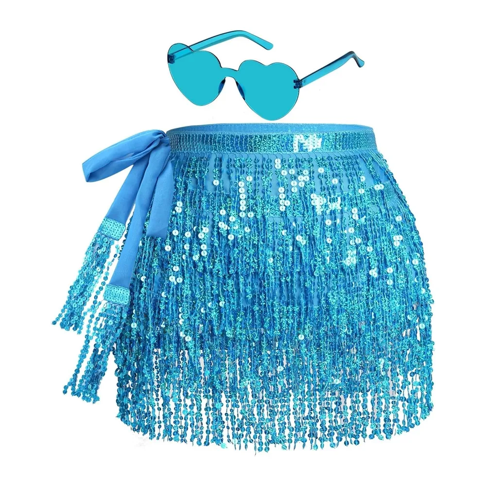 Sequin skirt for fringe skirt with hippie glasses short latin mini skirt belly — Bleu