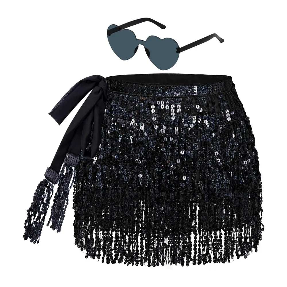 Sequin skirt for fringe skirt with hippie glasses short latin mini skirt belly — Noir