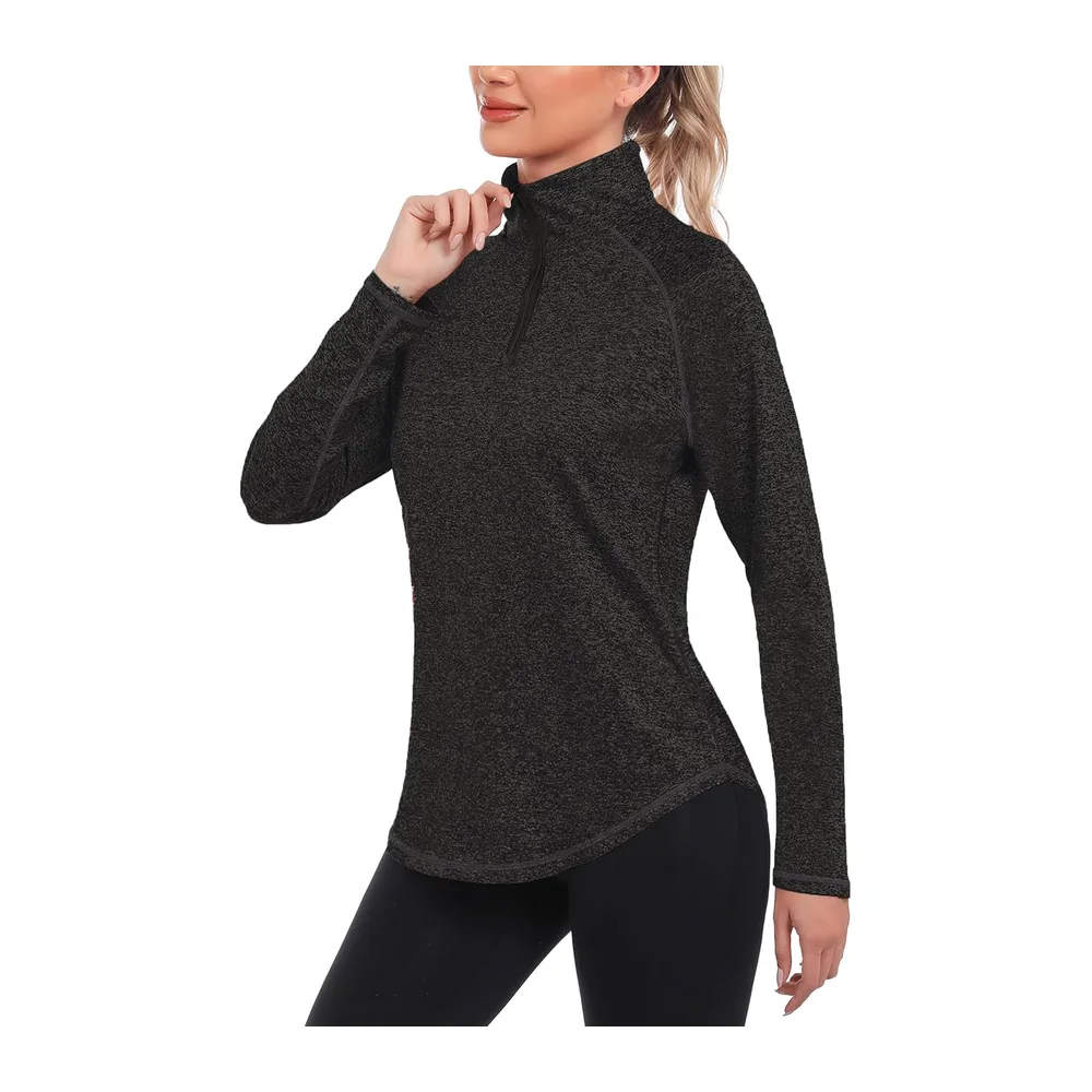Tee Shirt de Sport Manche Longue Haut Running 1/4 Zip Top Fitness Yoga Séchage — Noir
