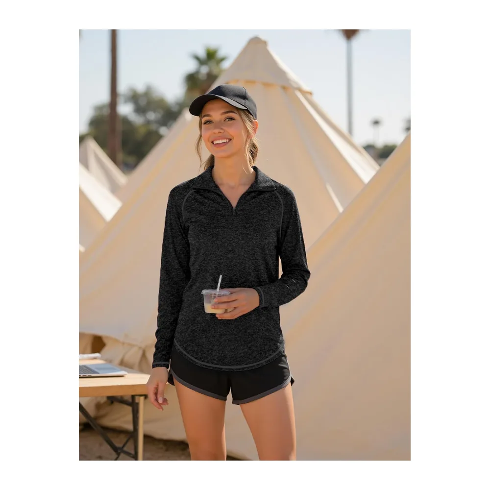 Tee Shirt de Sport Manche Longue Haut Running 1/4 Zip Top Fitness Yoga Séchage — Noir