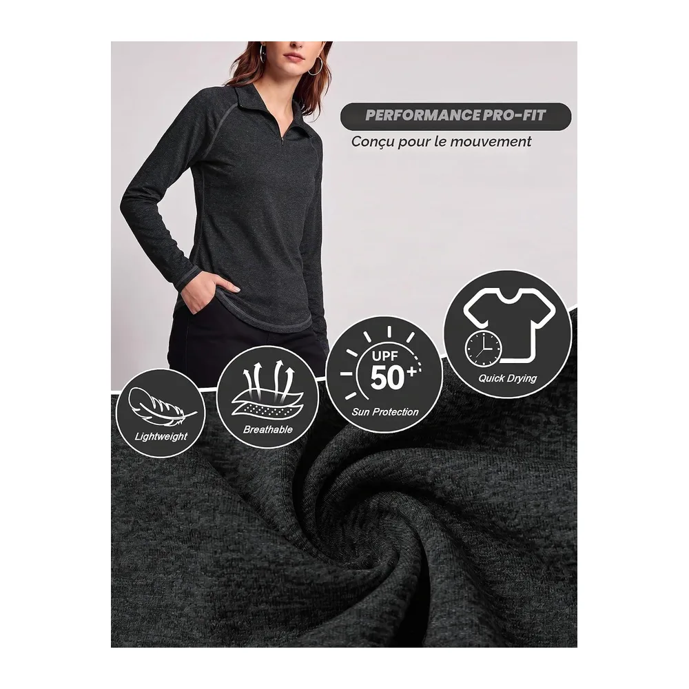 Tee Shirt de Sport Manche Longue Haut Running 1/4 Zip Top Fitness Yoga Séchage — Noir