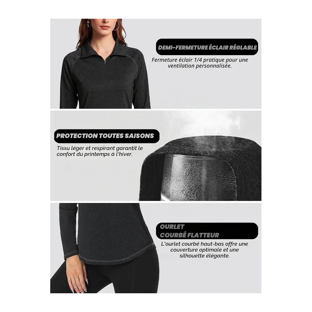 Tee Shirt de Sport Manche Longue Haut Running 1/4 Zip Top Fitness Yoga Séchage — Noir