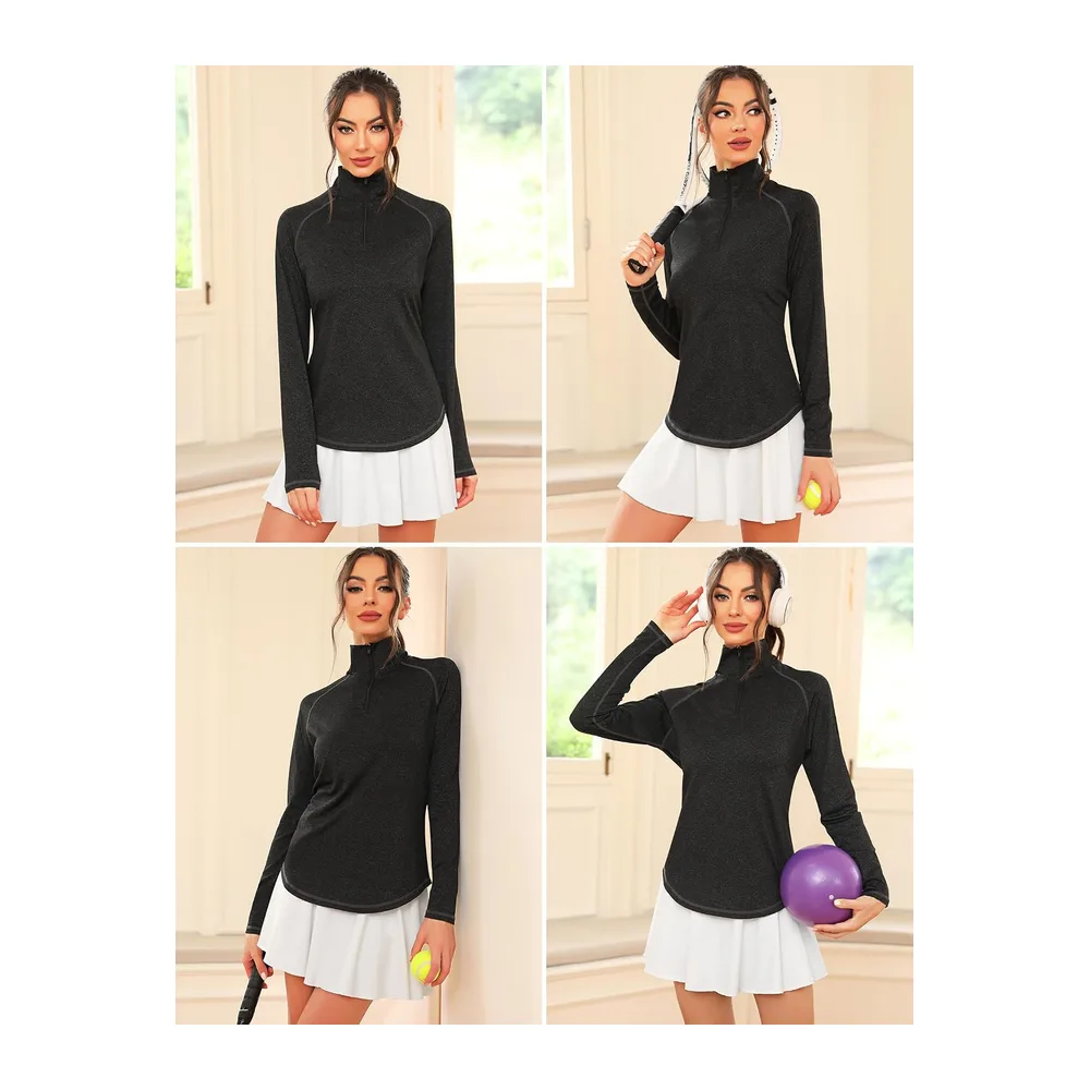 Tee Shirt de Sport Manche Longue Haut Running 1/4 Zip Top Fitness Yoga Séchage — Noir