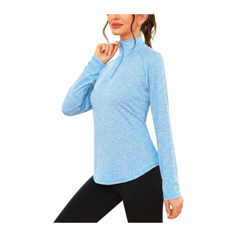 IClosam Sports T-Shirt, Long Sleeve, Running Top, 1/4 Zip Top, Fitness, Yoga — Bleu Ciel