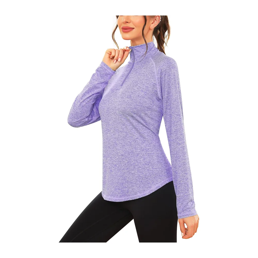 IClosam Sports T-Shirt, Long Sleeve, Running Top, 1/4 Zip Top, Fitness, Yoga — Violet