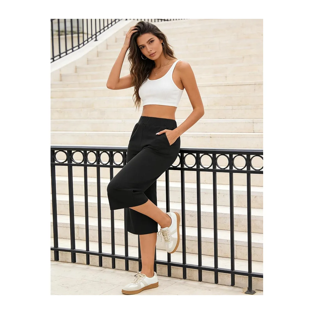 Pantacourt Longueur 3/4 Taille Haute Poches Style Sport — Noir