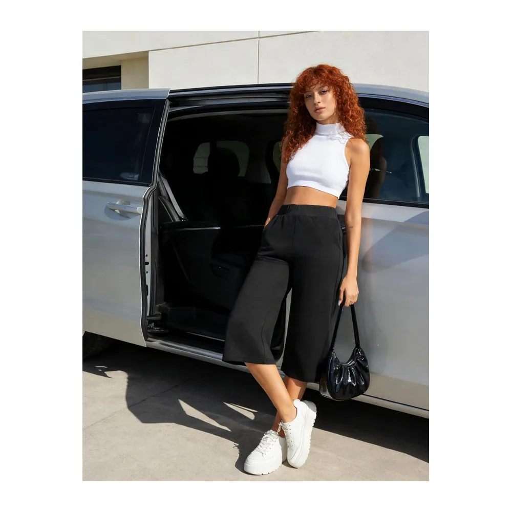 Pantacourt Longueur 3/4 Taille Haute Poches Style Sport — Noir