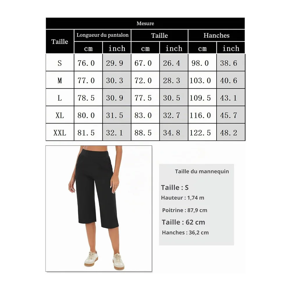 Pantacourt Longueur 3/4 Taille Haute Poches Style Sport — Noir