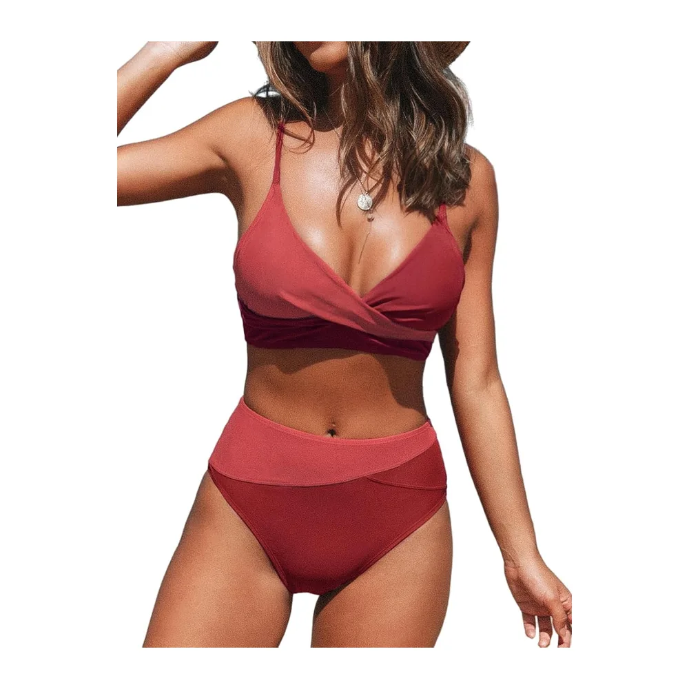 Bikini Torsadé Taille Haute Ensemble Bikini Col V Élégant — Bordeaux/Rouge Brique