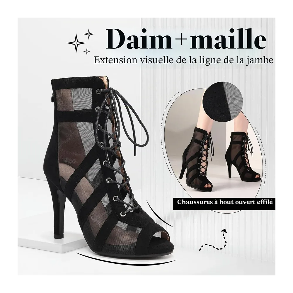 Dance Boots Lace Up Open Toe Ballroom Dance Shoes for Salsa Bachata Tango — Noir