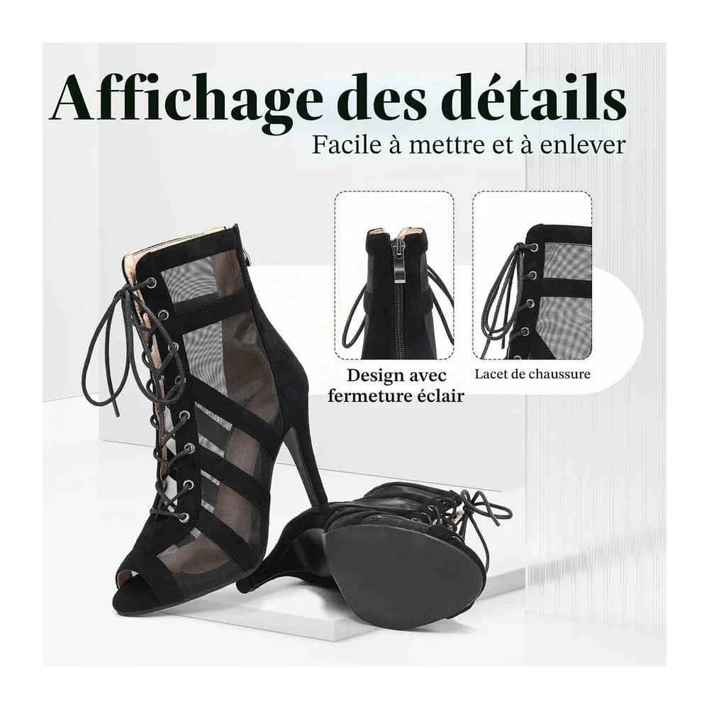 Dance Boots Lace Up Open Toe Ballroom Dance Shoes for Salsa Bachata Tango — Noir