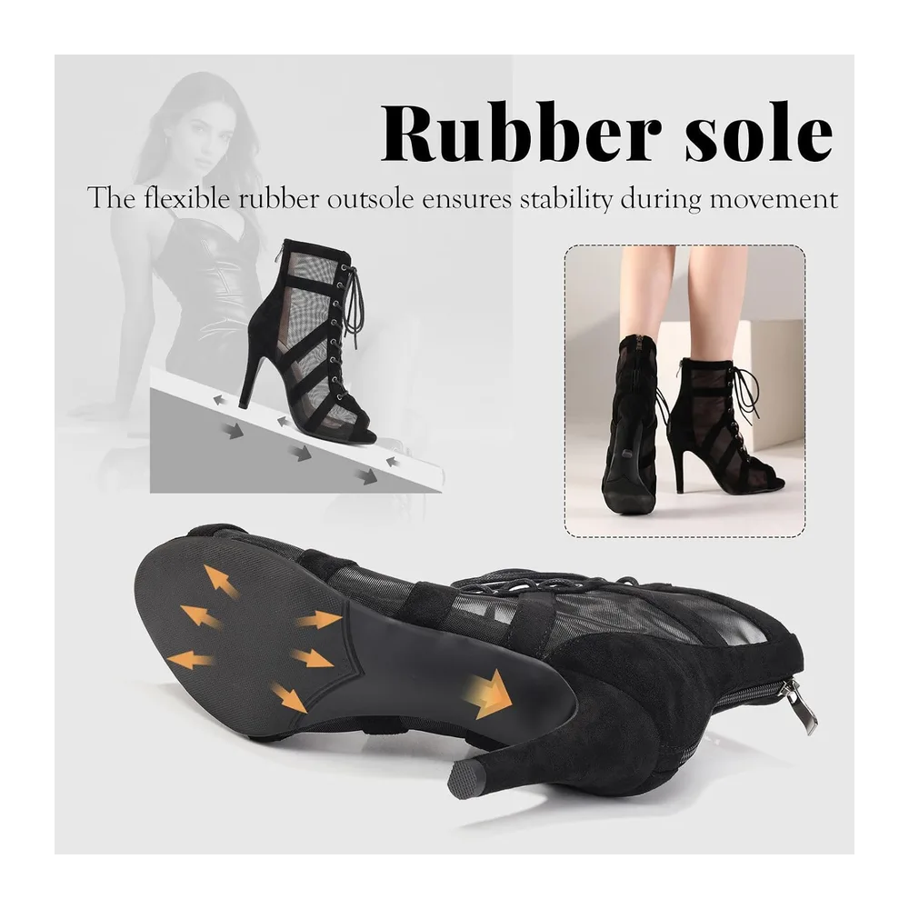 Dance Boots Lace Up Open Toe Ballroom Dance Shoes for Salsa Bachata Tango — Noir