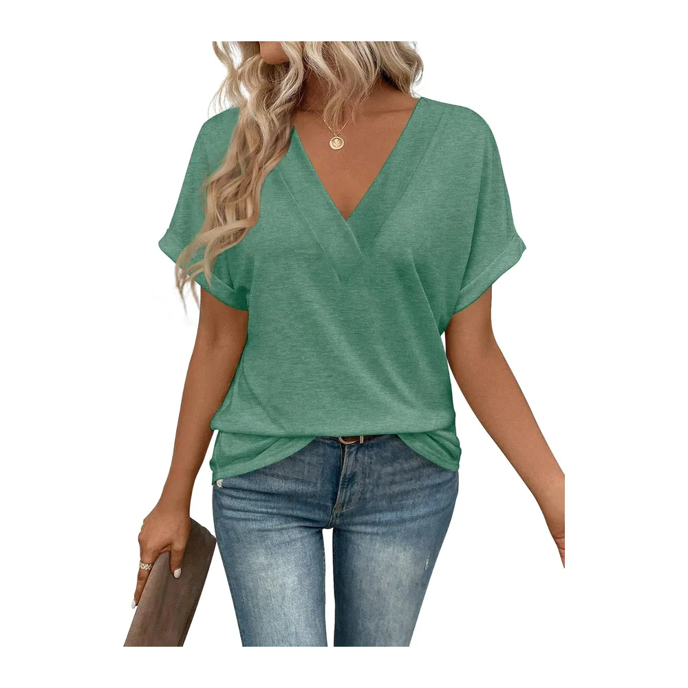 Tee Shirt Col V Manche Courte Tshirt Ete Décontracté Haut — Vert