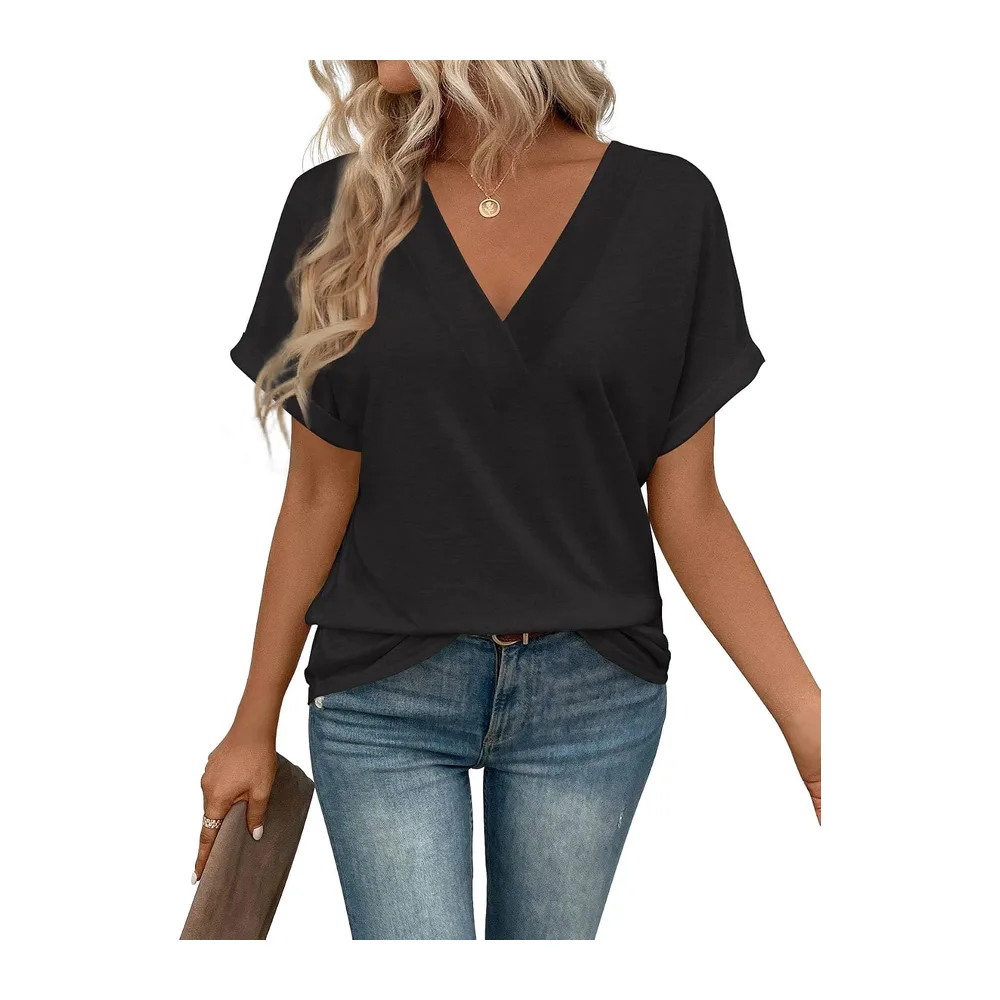 Tee Shirt Col V Manche Courte Tshirt Ete Décontracté Haut — Noir