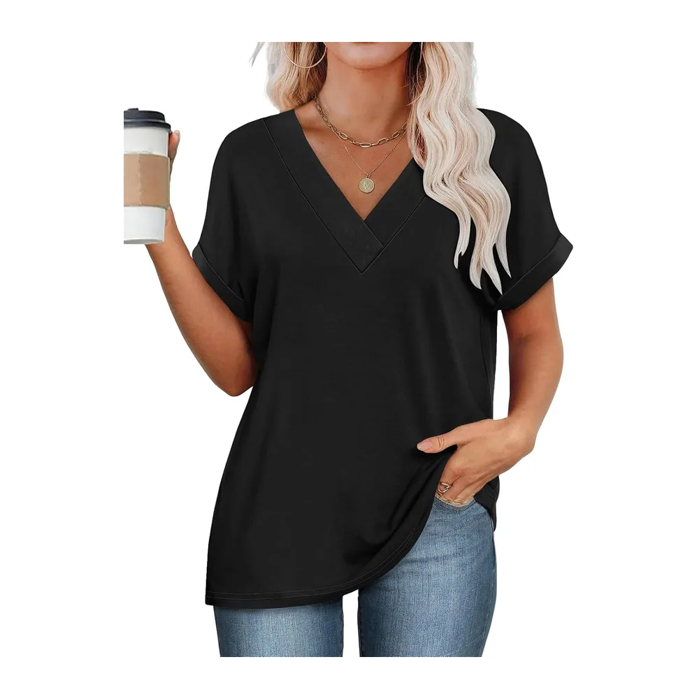 Tee Shirt Col V Manche Courte Tshirt Ete Décontracté Haut — Noir