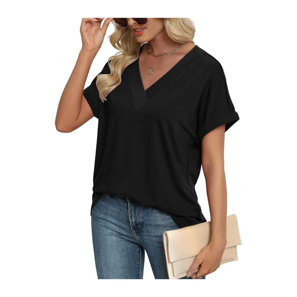 Tee Shirt Col V Manche Courte Tshirt Ete Décontracté Haut — Noir